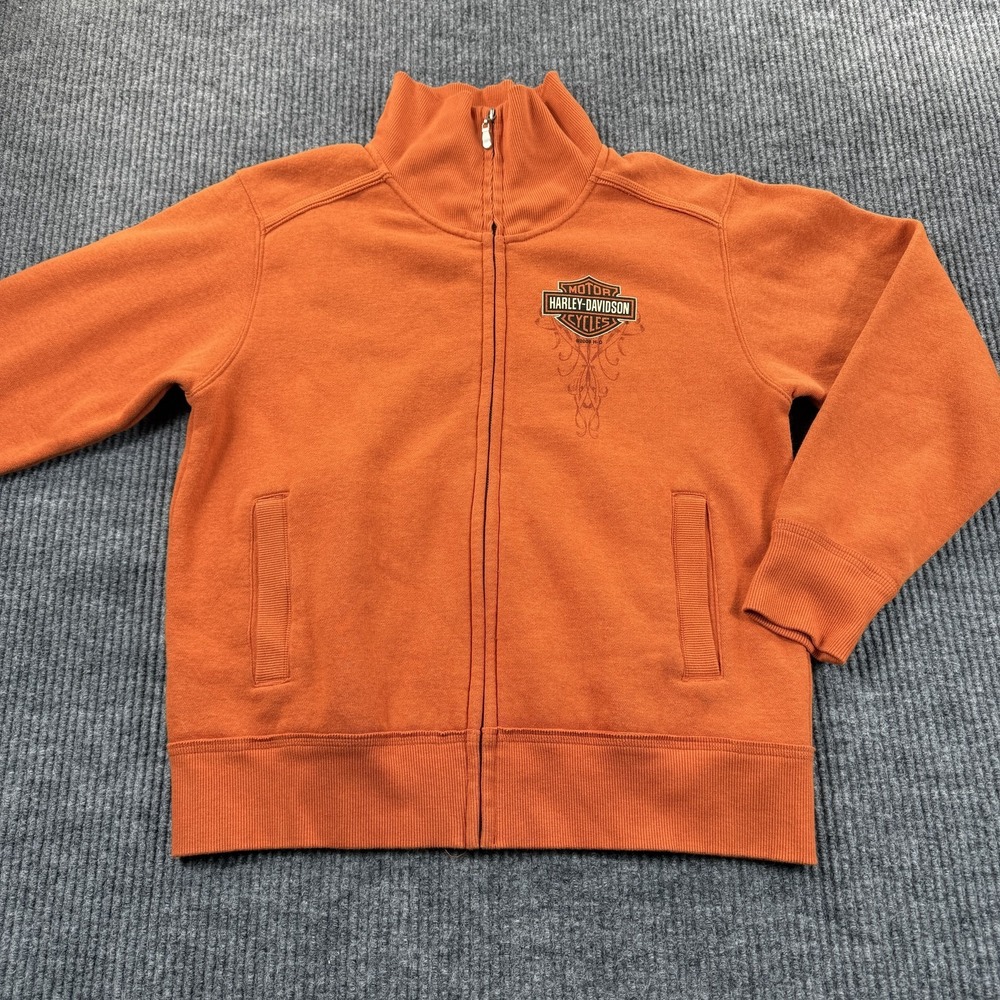 Harley-Davidson Sweatshirt Mens Small Orange‎ Full Zip Fleece Graphic Motorcycle